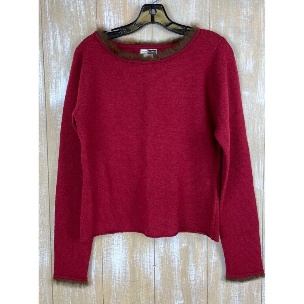 Vintage Caryn Vallone Red Wool Blend w/ Rabbit Fur Trim Sweater Size Large